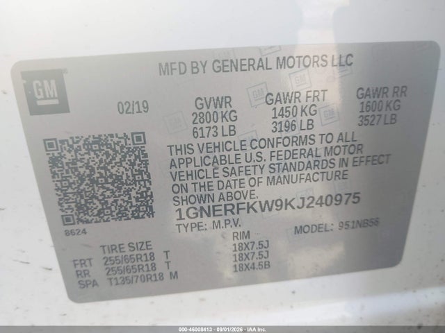 46008413 :رقم المزاد ، 1GNERFKW9KJ240975 vin ، 2019 Chevrolet Traverse Ls مزاد بيع