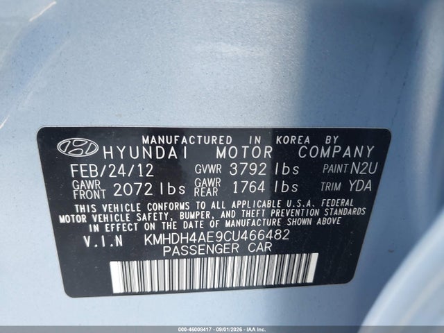 Продажа на аукционе авто 2012 Hyundai Elantra Gls (ulsan Plant), vin: KMHDH4AE9CU466482, номер лота: 46008417