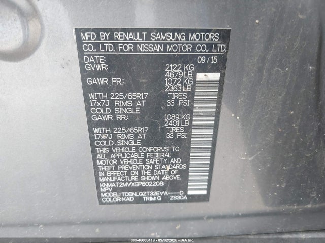 46008419 :رقم المزاد ، KNMAT2MVXGP602208 vin ، 2016 Nissan Rogue Sv مزاد بيع