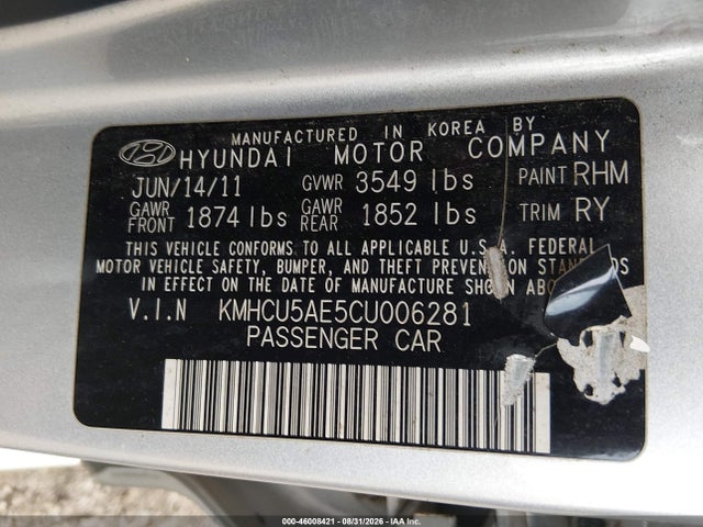 Продажа на аукционе авто 2012 Hyundai Accent Se, vin: KMHCU5AE5CU006281, номер лота: 46008421