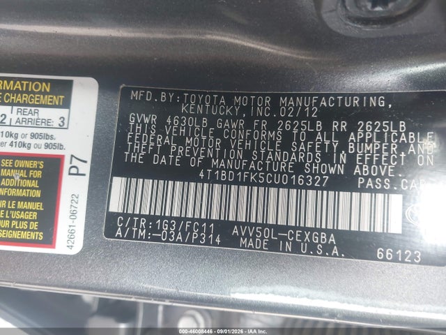 2012 Toyota Camry Hybrid Xle მანქანა იყიდება აუქციონზე, vin: 4T1BD1FK5CU016327, აუქციონის ნომერი: 46008446