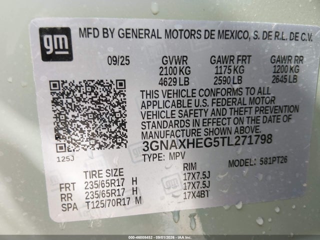 2026 Chevrolet Equinox Fwd Lt მანქანა იყიდება აუქციონზე, vin: 3GNAXHEG5TL271798, აუქციონის ნომერი: 46008452