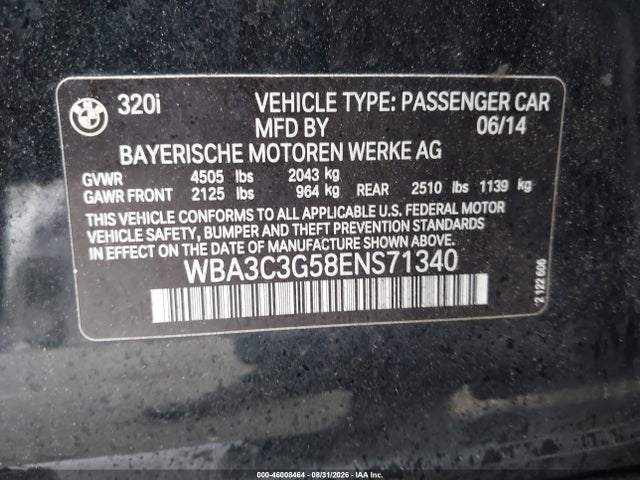 Продажа на аукционе авто 2014 Bmw 320i Xdrive, vin: WBA3C3G58ENS71340, номер лота: 46008464