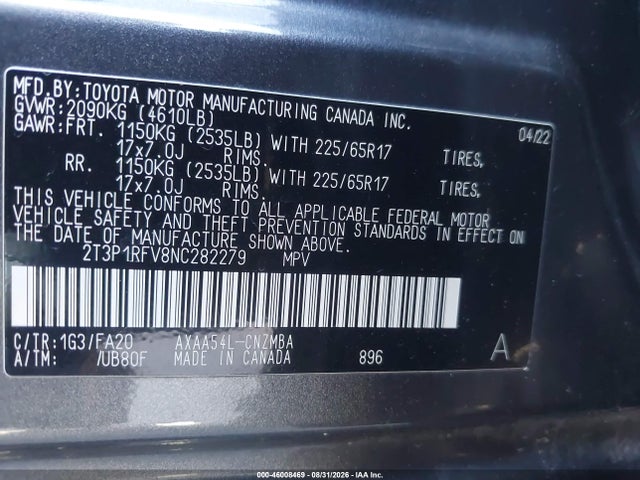 46008469 :رقم المزاد ، 2T3P1RFV8NC282279 vin ، 2022 Toyota Rav4 Xle مزاد بيع