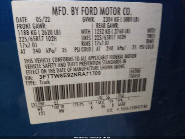 Aukcja sprzedaży 2022 Ford Maverick Xl, vin: 3FTTW8E92NRA71709, numer aukcji: 46008470