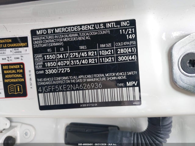 46008491 :رقم المزاد ، 4JGFF5KE2NA626936 vin ، 2022 Mercedes-benz Gls 450 4matic مزاد بيع