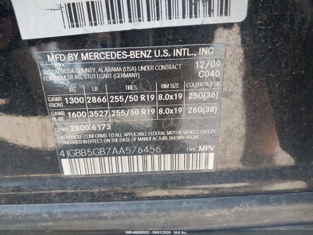 Aukcja sprzedaży 2010 Mercedes-benz Ml 350, vin: 4JGBB5GB7AA576456, numer aukcji: 46008502