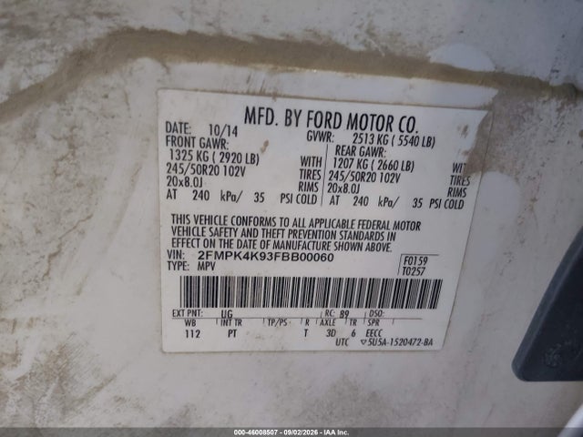 Продаж на аукціоні авто 2015 Ford Edge Titanium, vin: 2FMPK4K93FBB00060, номер лоту: 46008507