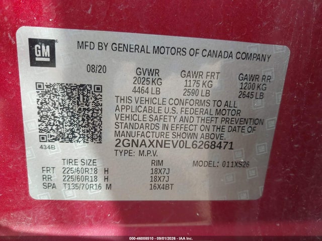 2020 Chevrolet Equinox Fwd Premier 1.5l Turbo მანქანა იყიდება აუქციონზე, vin: 2GNAXNEV0L6268471, აუქციონის ნომერი: 46008510