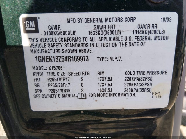 Aukcja sprzedaży 2004 Chevrolet Tahoe Lt, vin: 1GNEK13Z54R169973, numer aukcji: 46008519