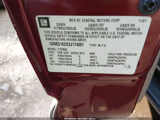 Продаж на аукціоні авто 2002 Chevrolet Suburban 1500 Lt, vin: 1GNEC16ZX2J174087, номер лоту: 46008525