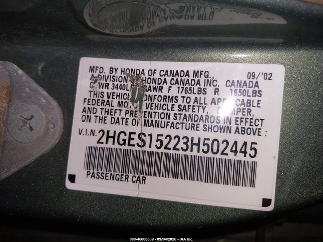 46008539 :رقم المزاد ، 2HGES15223H502445 vin ، 2003 Honda Civic Dx مزاد بيع