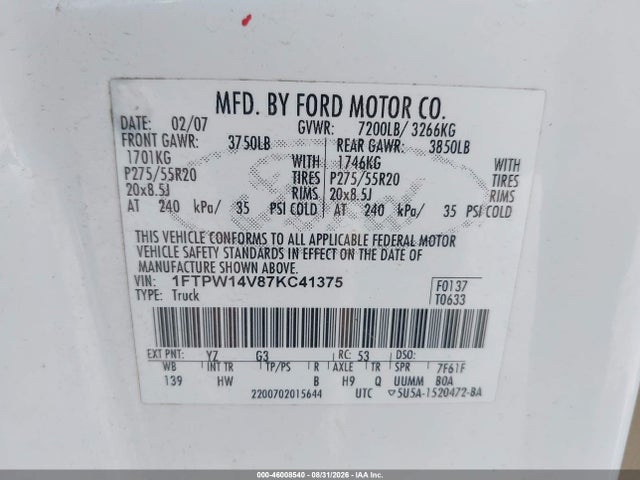 Продажа на аукционе авто 2007 Ford F-150 Fx4/lariat/xlt, vin: 1FTPW14V87KC41375, номер лота: 46008540