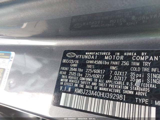 46008557 :رقم المزاد ، KM8J23A40HU392981 vin ، 2017 Hyundai Tucson Se مزاد بيع
