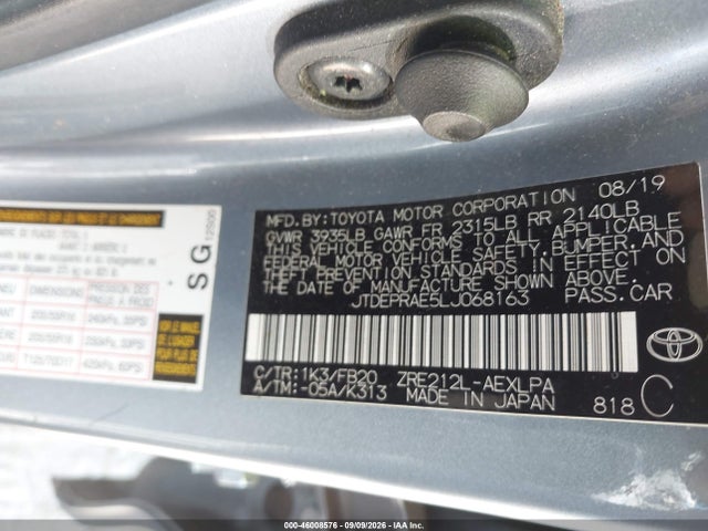 2020 Toyota Corolla Le მანქანა იყიდება აუქციონზე, vin: JTDEPRAE5LJ068163, აუქციონის ნომერი: 46008576