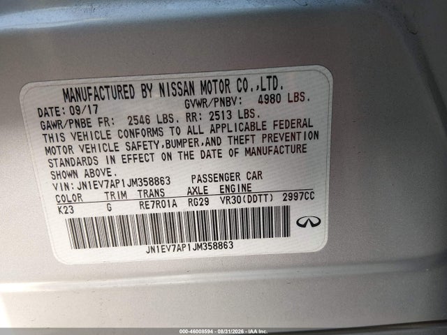 2018 Infiniti Q50 3.0t Luxe მანქანა იყიდება აუქციონზე, vin: JN1EV7AP1JM358863, აუქციონის ნომერი: 46008594