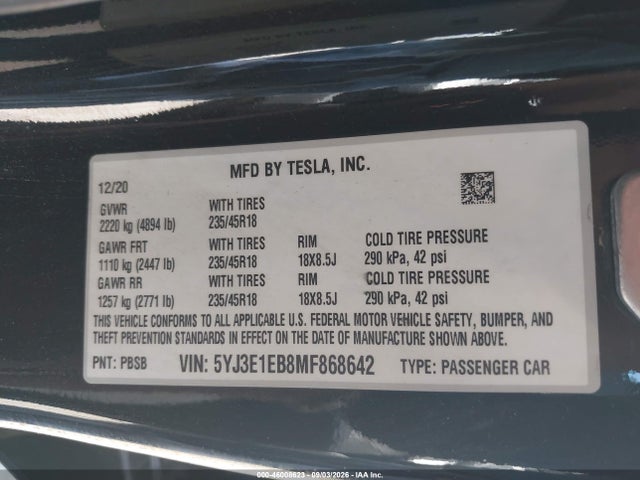 Tesla Model 3 Long Range Dual Motor All-wheel Drive 2021 5YJ3E1EB8MF868642 Image 9