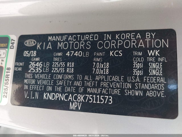 2019 Kia Sportage Ex მანქანა იყიდება აუქციონზე, vin: KNDPNCAC8K7511573, აუქციონის ნომერი: 46008629