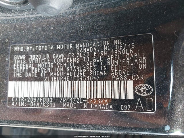 46008650 :رقم المزاد ، 2T1BURHE1FC451647 vin ، 2015 Toyota Corolla S Plus مزاد بيع