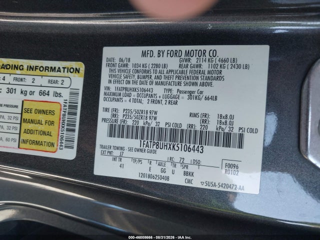 Aukcja sprzedaży 2019 Ford Mustang Ecoboost Premium, vin: 1FATP8UHXK5106443, numer aukcji: 46008666