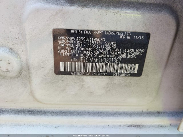Auction sale of the 2016 Subaru Impreza 2.0i, vin: JF1GPAA61G8221367, lot number: 46008677