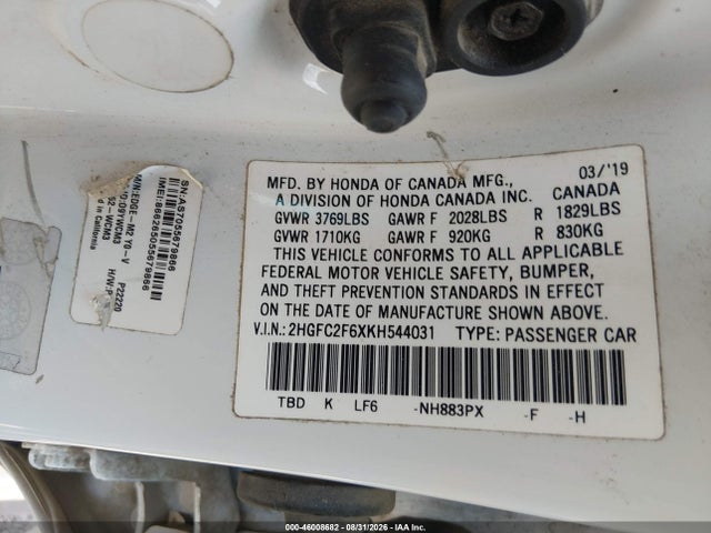 46008682 :رقم المزاد ، 2HGFC2F6XKH544031 vin ، 2019 Honda Civic Lx مزاد بيع