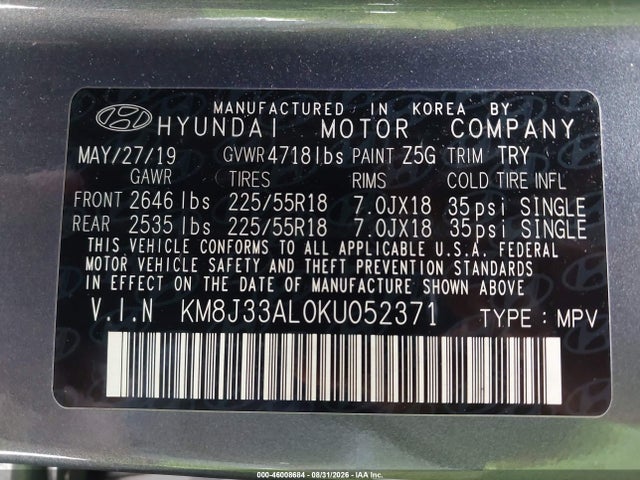 Продажа на аукционе авто 2019 Hyundai Tucson Limited, vin: KM8J33AL0KU052371, номер лота: 46008684