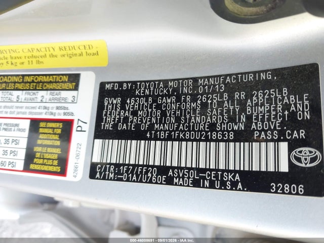 2013 Toyota Camry Se მანქანა იყიდება აუქციონზე, vin: 4T1BF1FK8DU218638, აუქციონის ნომერი: 46008691