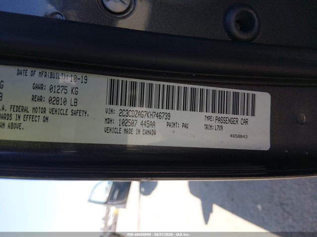 2019 Dodge Challenger Sxt მანქანა იყიდება აუქციონზე, vin: 2C3CDZAG7KH746739, აუქციონის ნომერი: 46008699