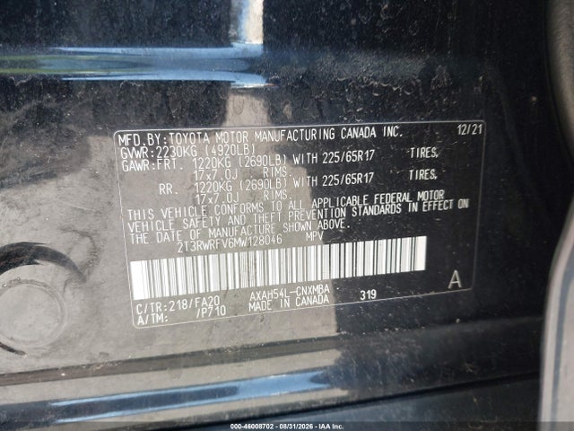 46008702 :رقم المزاد ، 2T3RWRFV6MW128046 vin ، 2021 Toyota Rav4 Hybrid Xle مزاد بيع