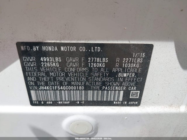 2016 Acura Rlx Technology Package მანქანა იყიდება აუქციონზე, vin: JH4KC1F54GC000180, აუქციონის ნომერი: 46008708