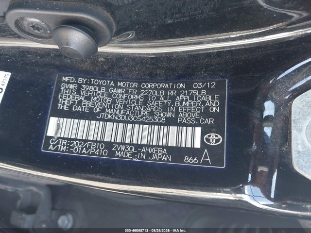 Aukcja sprzedaży 2012 Toyota Prius Two, vin: JTDKN3DU3C5425308, numer aukcji: 46008713