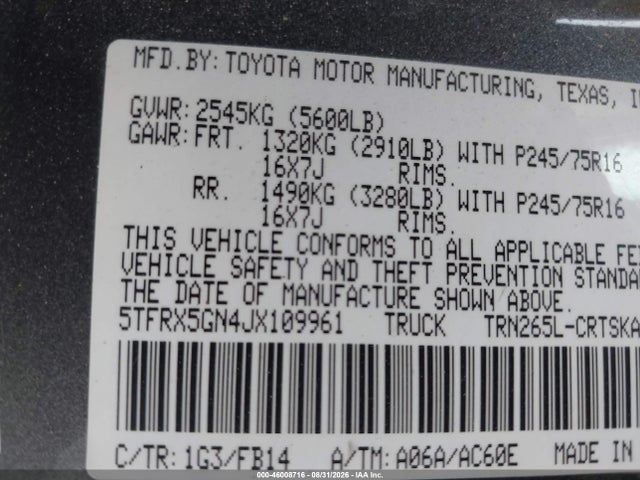 46008716 :رقم المزاد ، 5TFRX5GN4JX109961 vin ، 2018 Toyota Tacoma Sr مزاد بيع