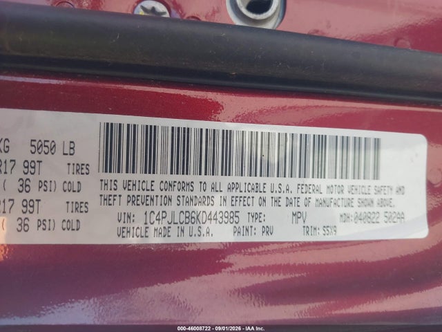 46008722 :رقم المزاد ، 1C4PJLCB6KD443985 vin ، 2019 Jeep Cherokee Latitude Fwd مزاد بيع