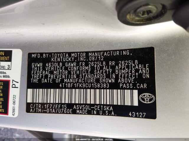 Aukcja sprzedaży 2012 Toyota Camry Se, vin: 4T1BF1FK9CU158383, numer aukcji: 46008723