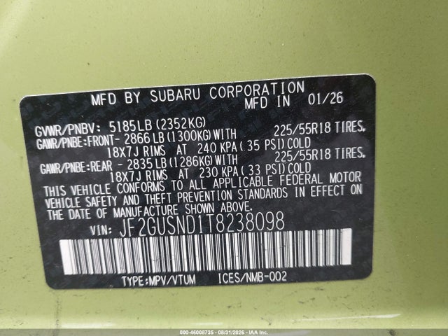 Aukcja sprzedaży 2026 Subaru Crosstrek Limited, vin: JF2GUSND1T8238098, numer aukcji: 46008735