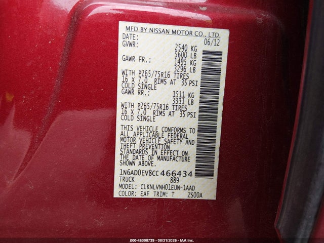 2012 Nissan Frontier Pro-4x მანქანა იყიდება აუქციონზე, vin: 1N6AD0EV8CC466434, აუქციონის ნომერი: 46008739