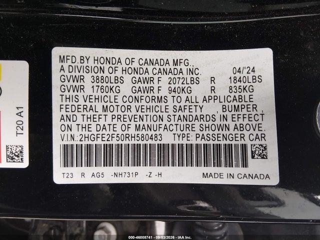 Honda Civic Sport 2024 2HGFE2F50RH580483 Image 9