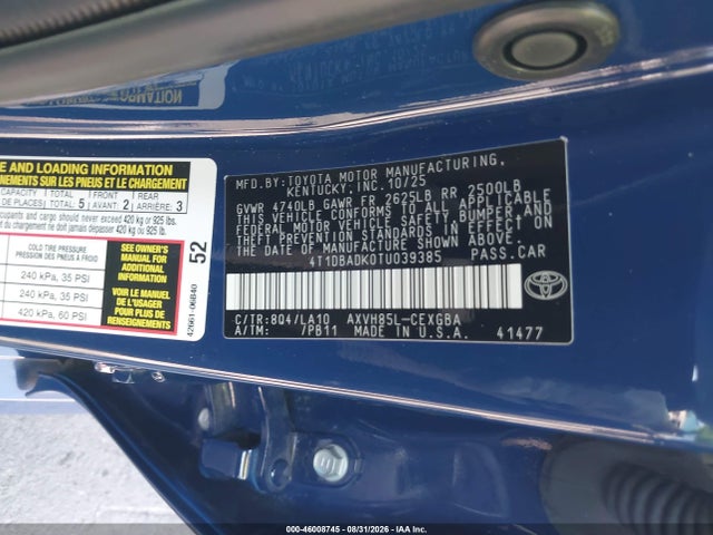 46008745 :رقم المزاد ، 4T1DBADK0TU039385 vin ، 2026 Toyota Camry Xle مزاد بيع