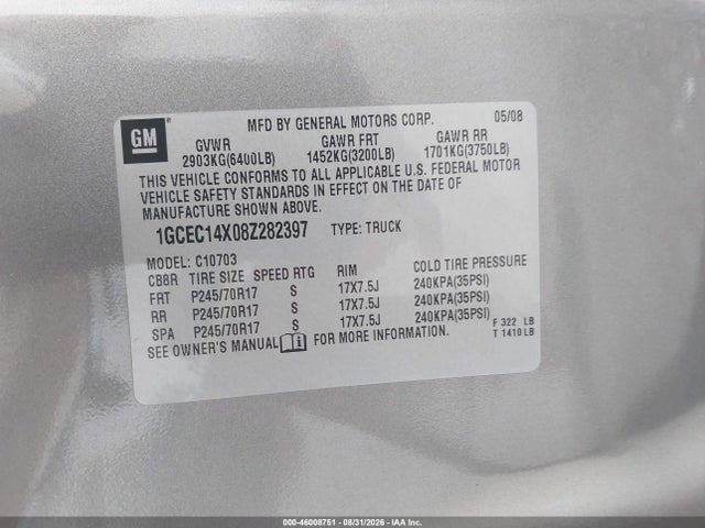 Продажа на аукционе авто 2008 Chevrolet Silverado 1500 Work Truck, vin: 1GCEC14X08Z282397, номер лота: 46008751