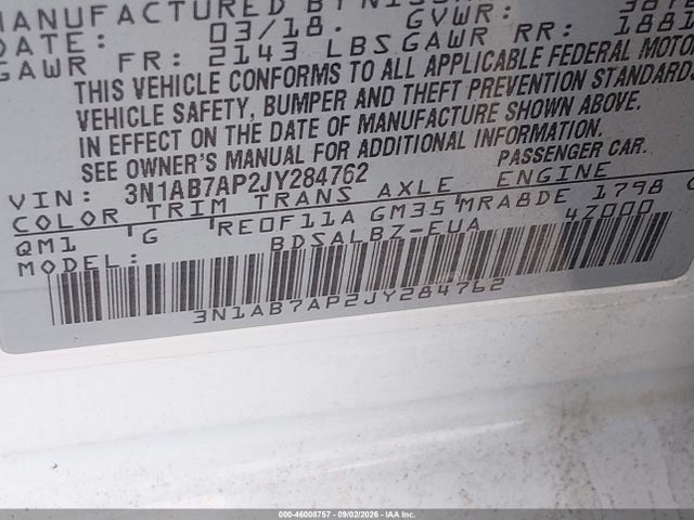 46008757 :رقم المزاد ، 3N1AB7AP2JY284762 vin ، 2018 Nissan Sentra S مزاد بيع