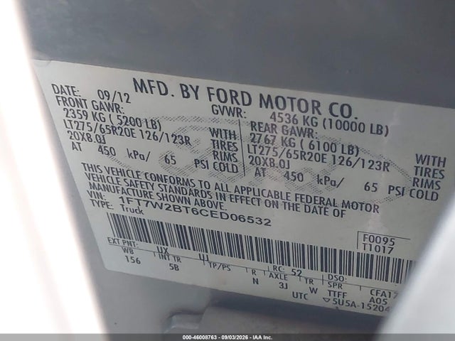 Aukcja sprzedaży 2012 Ford F-250 Lariat, vin: 1FT7W2BT6CED06532, numer aukcji: 46008763