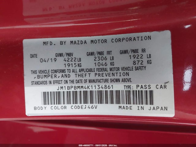 2019 Mazda Mazda3 Preferred Package მანქანა იყიდება აუქციონზე, vin: JM1BPBMM4K1134861, აუქციონის ნომერი: 46008771