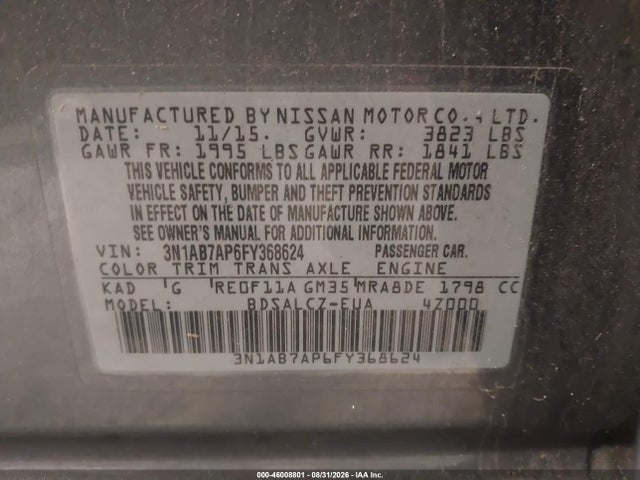 Продаж на аукціоні авто 2015 Nissan Sentra S, vin: 3N1AB7AP6FY368624, номер лоту: 46008801
