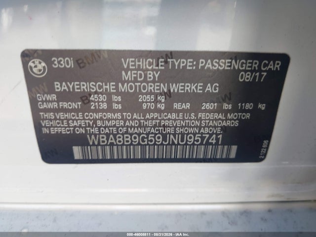 2018 Bmw 330i მანქანა იყიდება აუქციონზე, vin: WBA8B9G59JNU95741, აუქციონის ნომერი: 46008811