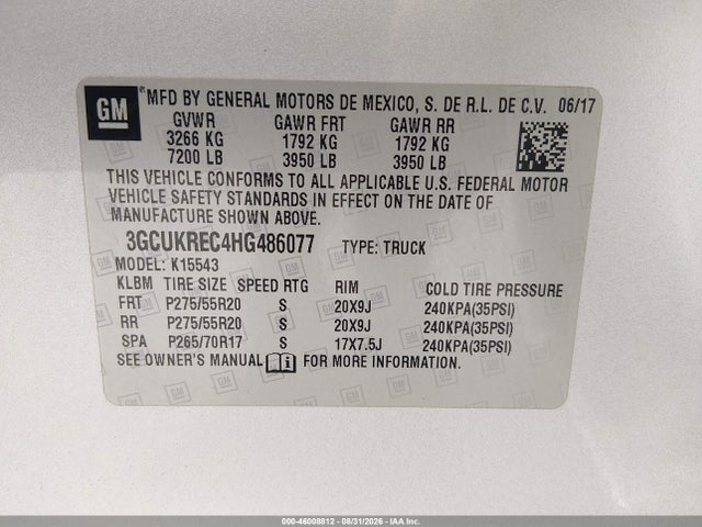 Aukcja sprzedaży 2017 Chevrolet Silverado 1500 Lt, vin: 3GCUKREC4HG486077, numer aukcji: 46008812