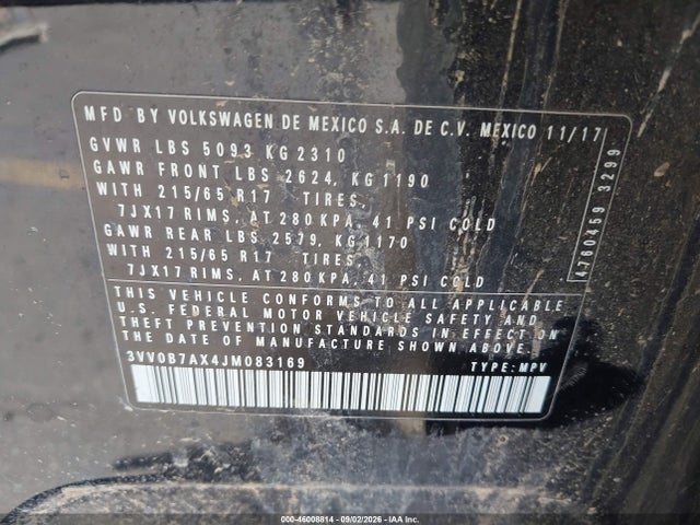 46008814 :رقم المزاد ، 3VV0B7AX4JM083169 vin ، 2018 Volkswagen Tiguan 2.0t S مزاد بيع