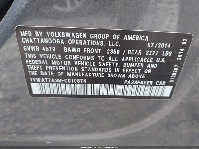 46008825 :رقم المزاد ، 1VWAT7A38FC010874 vin ، 2015 Volkswagen Passat 1.8t Wolfsburg Edition مزاد بيع