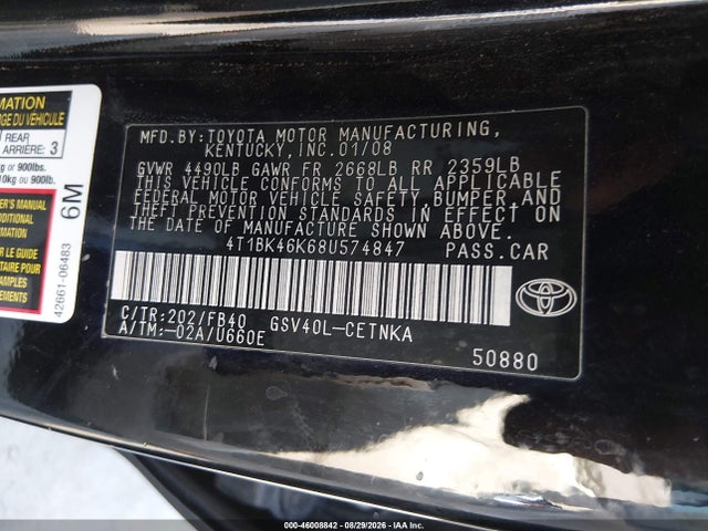 Продаж на аукціоні авто 2008 Toyota Camry Le V6, vin: 4T1BK46K68U574847, номер лоту: 46008842