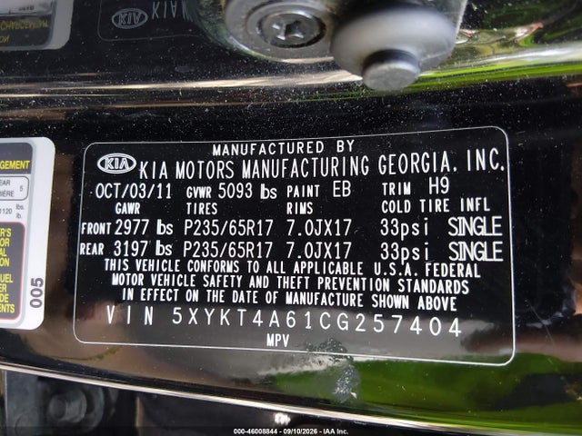 Aukcja sprzedaży 2012 Kia Sorento Lx, vin: 5XYKT4A61CG257404, numer aukcji: 46008844